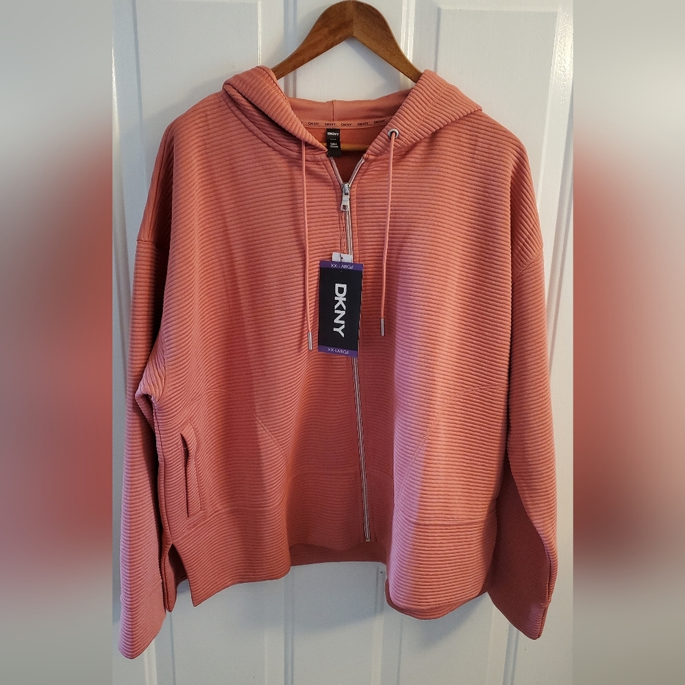 DKNY Ribbed Zip Hoodie in Dusty Rose Pink